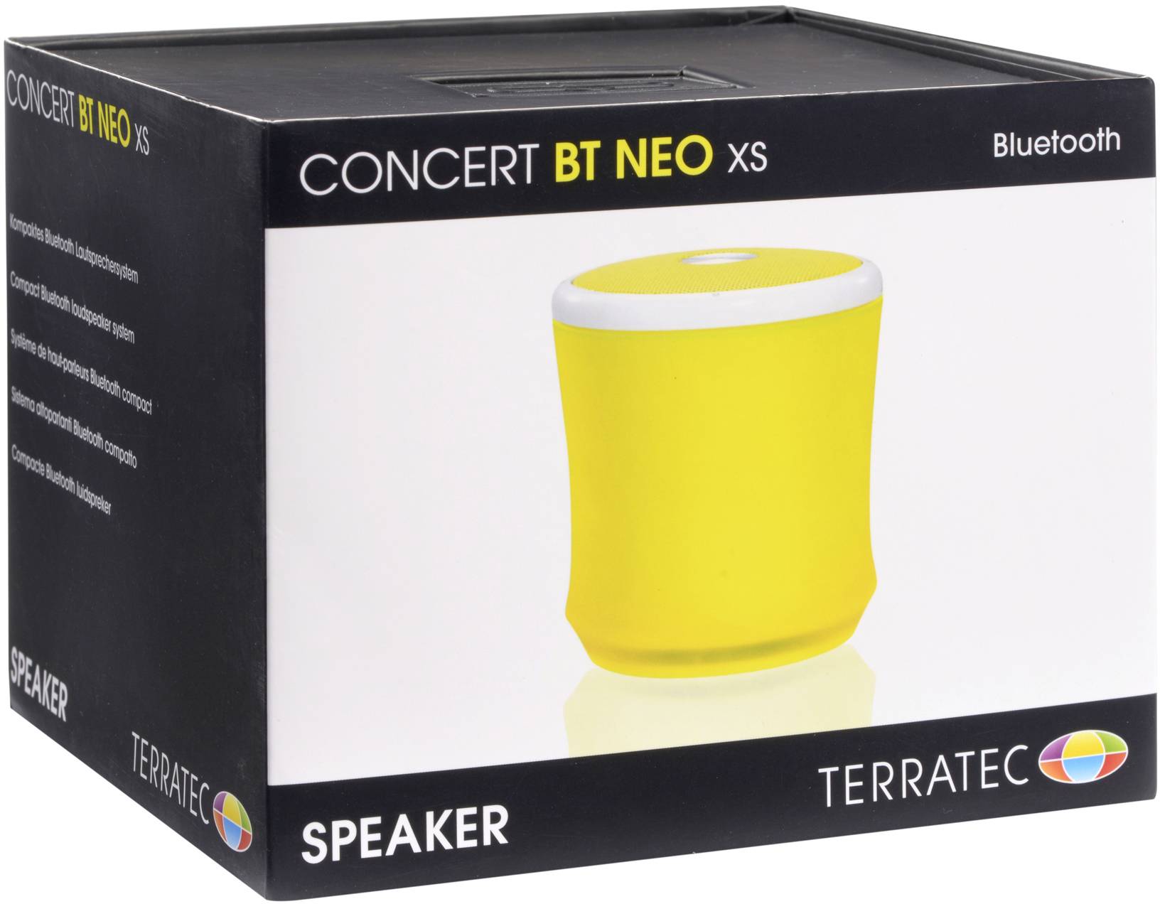 Žlutý přenosný bluetooth reproduktor značky 'Terratec', model 'Concert BT NEO XS', v černém obalu.