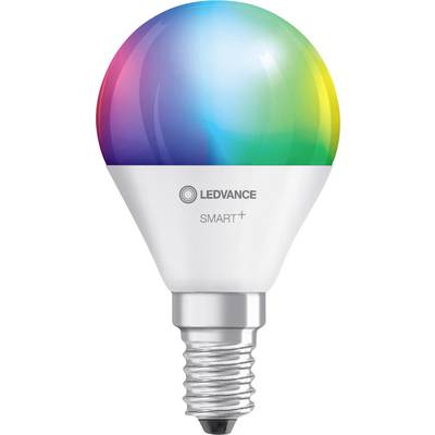 LED žárovka s měnícími se barvami. Horní část ukazuje duhový přechod. Vytištěný název značky 'LEDVANCE SMART+'.