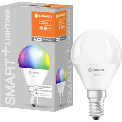 LED žárovka vedle obalu s nápisem 'LEDVANCE SMART+ LIGHTING'. Kompatibilní s Amazon Alexa a Google Assistant.