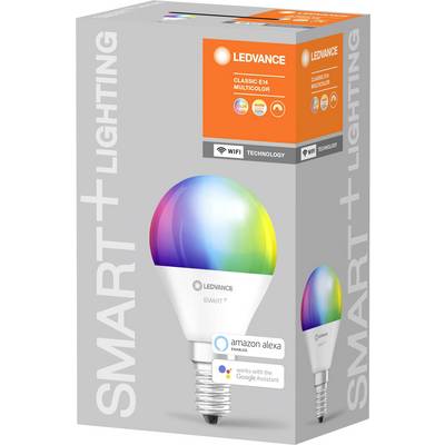 Chytrá LED žárovka od Ledvance, patice E14, multicolor, kompatibilní s Amazon Alexa a Google Assistant.