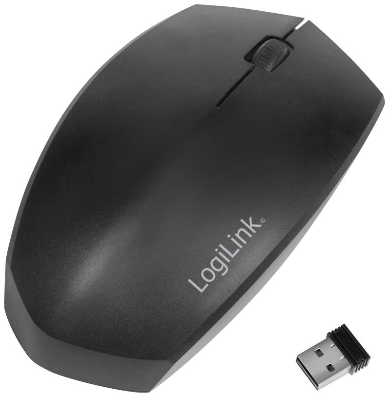 Černá bezdrátová počítačová myš s USB přijímačem. Značka 'LogiLink'. Myš je vybavena kolečkem pro scrollování a je vhodná pro použití s počítačem.