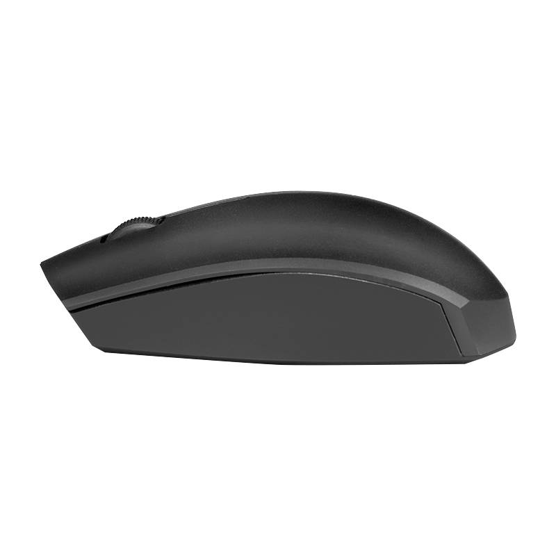 Černá bezdrátová počítačová myš s ergonomickým designem, pohled z boku, ukazující tvar a pohled na kolečko pro scrollování.