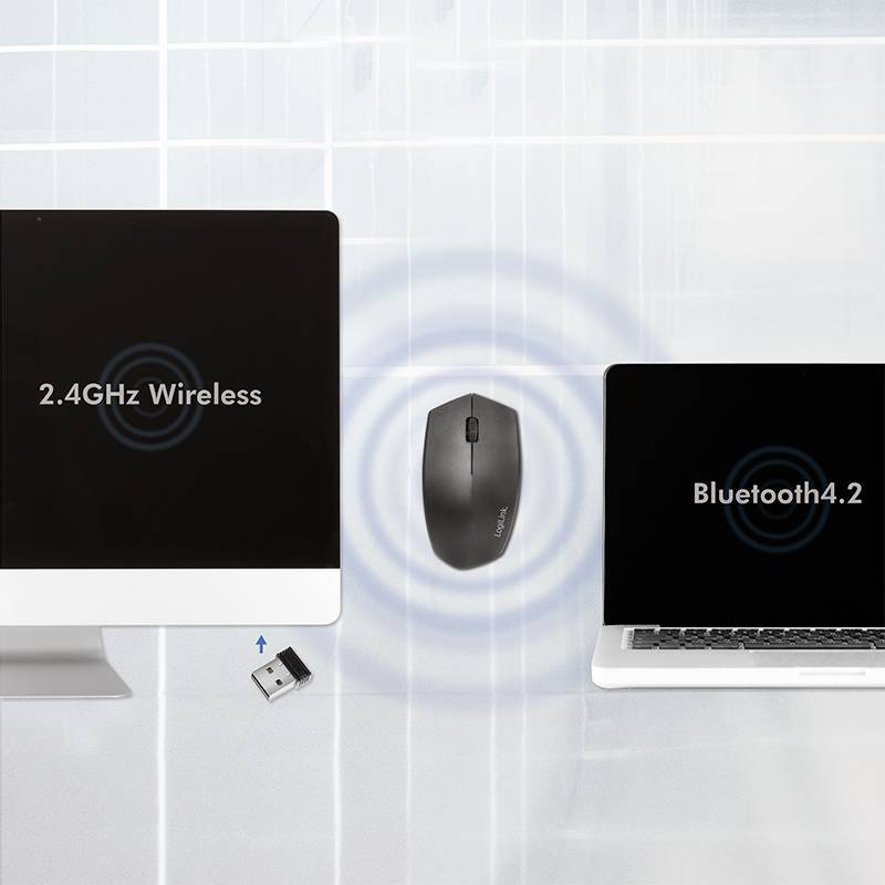 Obrázek ukazuje bezdrátovou myš mezi počítačem s připojením '2.4GHz Wireless' a laptopem s 'Bluetooth 4.2'.