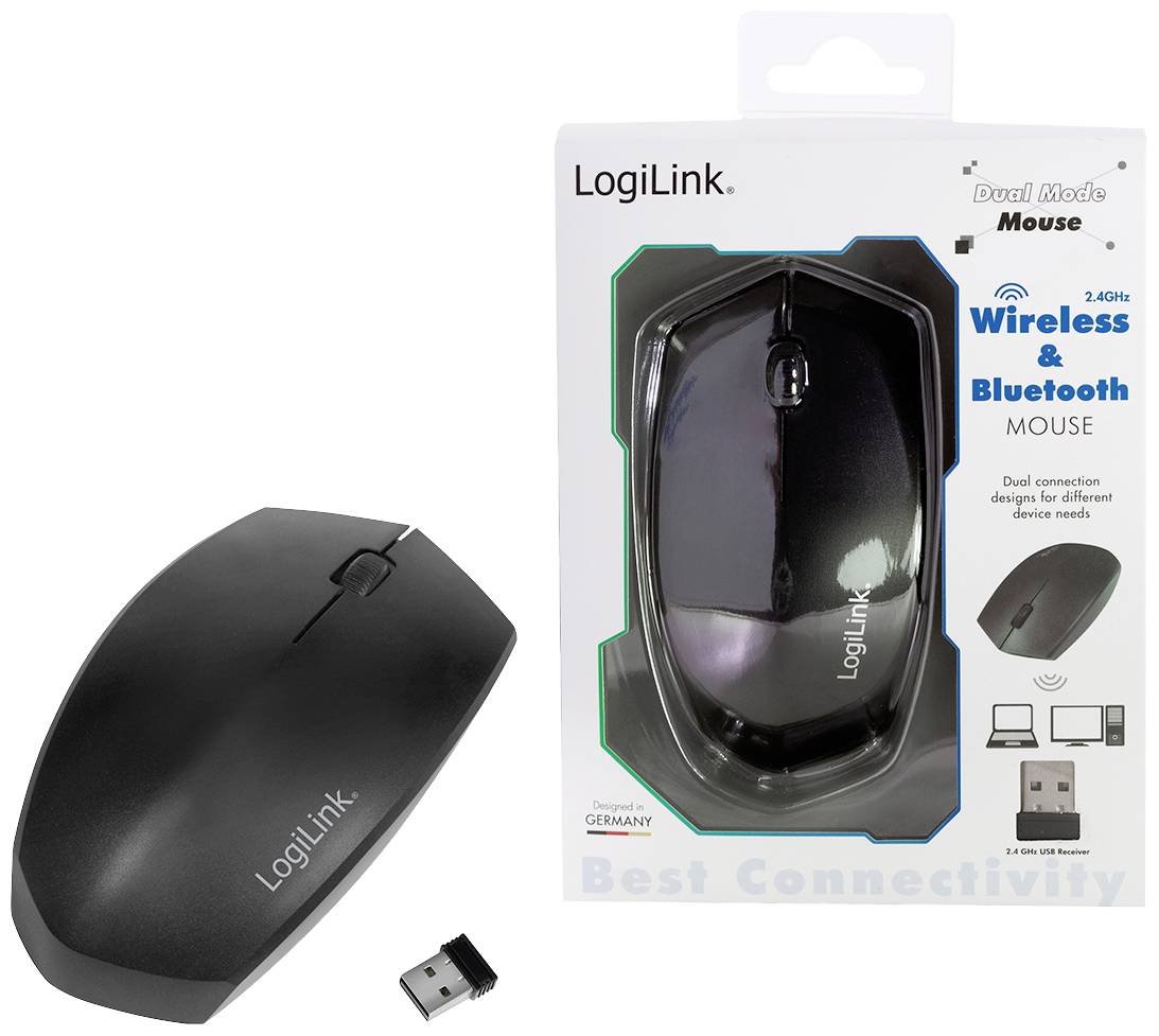 Bezdrátová myš od LogiLinku vedle své krabičky. Balení poukazuje na duální režim a bezdrátové připojení 2,4 GHz a Bluetooth.