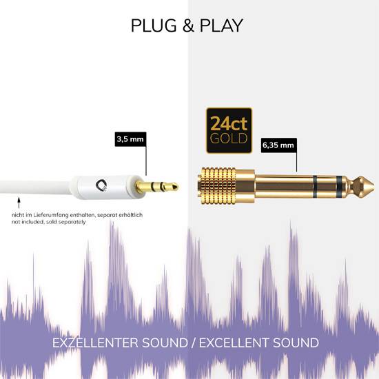3,5 mm a 6,35 mm audio konektory z 24karátového zlata, označené nápisem 'EXZELLENTNÍ ZVUK / EXCELLENT SOUND', zdůrazňují kvalitu zvuku.