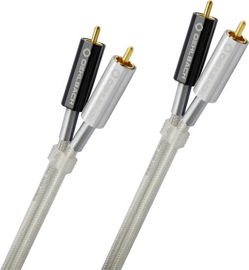 Audiokabel se dvěma konektory, jeden černý a jeden stříbrný, s nápisem 'Oehlbach'. Propojuje audio zdroje.