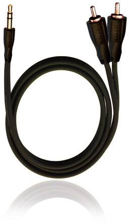 Černý audiokabel s 3,5mm jack konektorem na jedné straně a dvěma RCA konektory na straně druhé.