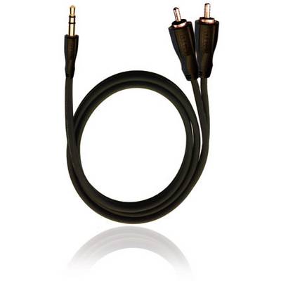 Černý audiokabel s 3,5mm jack konektorem na jedné straně a dvěma RCA konektory na straně druhé.