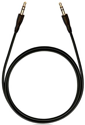 Černý audiokabel s 3,5mm jack konektory na obou koncích.