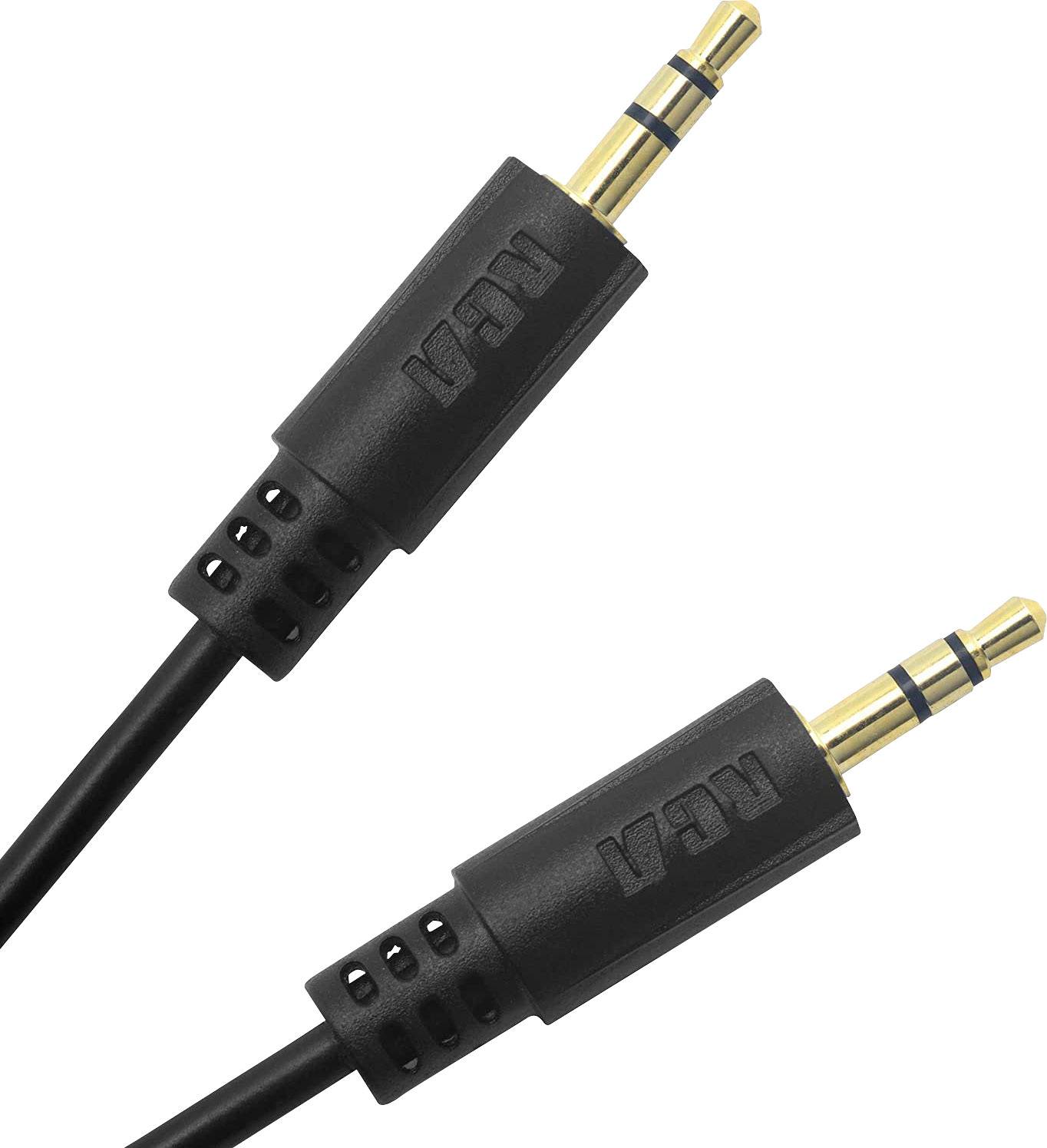 Dva černé audio kabely s 3,5mm jack konektory, zlatými koncovkami, na bílém pozadí.