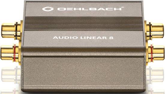 Hnědý audio konvertor od značky Oehlbach s nápisem 'Audio Linear 8' a několika RCA konektory po stranách.
