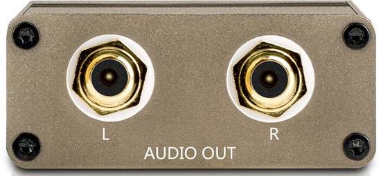 Dva audiokonektory, vlevo označené 'L' a vpravo 'R', na obdélníkovém krytu s nápisem 'AUDIO OUT'.