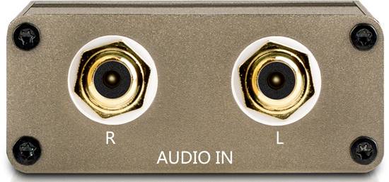 Obdélníkové zařízení zobrazuje dva audio vstupy: vlevo 'L' a vpravo 'R', označené štítkem 'AUDIO IN'.