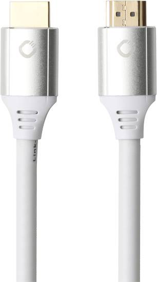 Dva bílé HDMI kabely se zlatými konektory. Kabely mají stříbrné kryty a zobrazují logo HDMI.