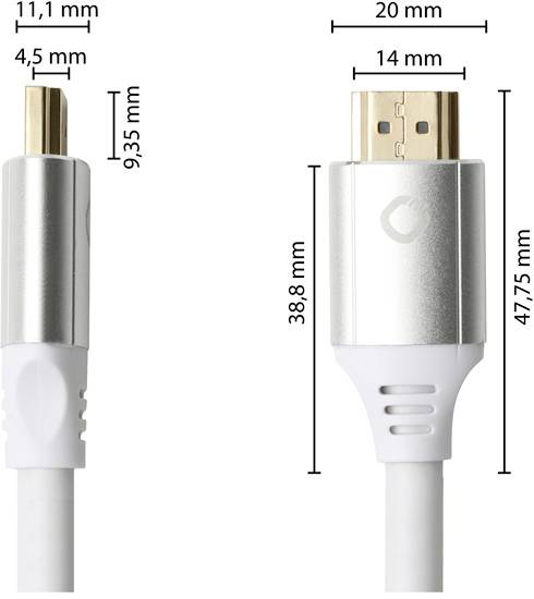 Dva pohledy na HDMI kabel se stříbrnými konektory, doplněné rozměry v milimetrech: šířka, výška a průměr.