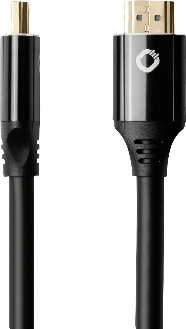 Černý HDMI kabel se zlatými konektory, vhodný pro video a audio připojení mezi zařízeními, jako jsou televizory a počítače.