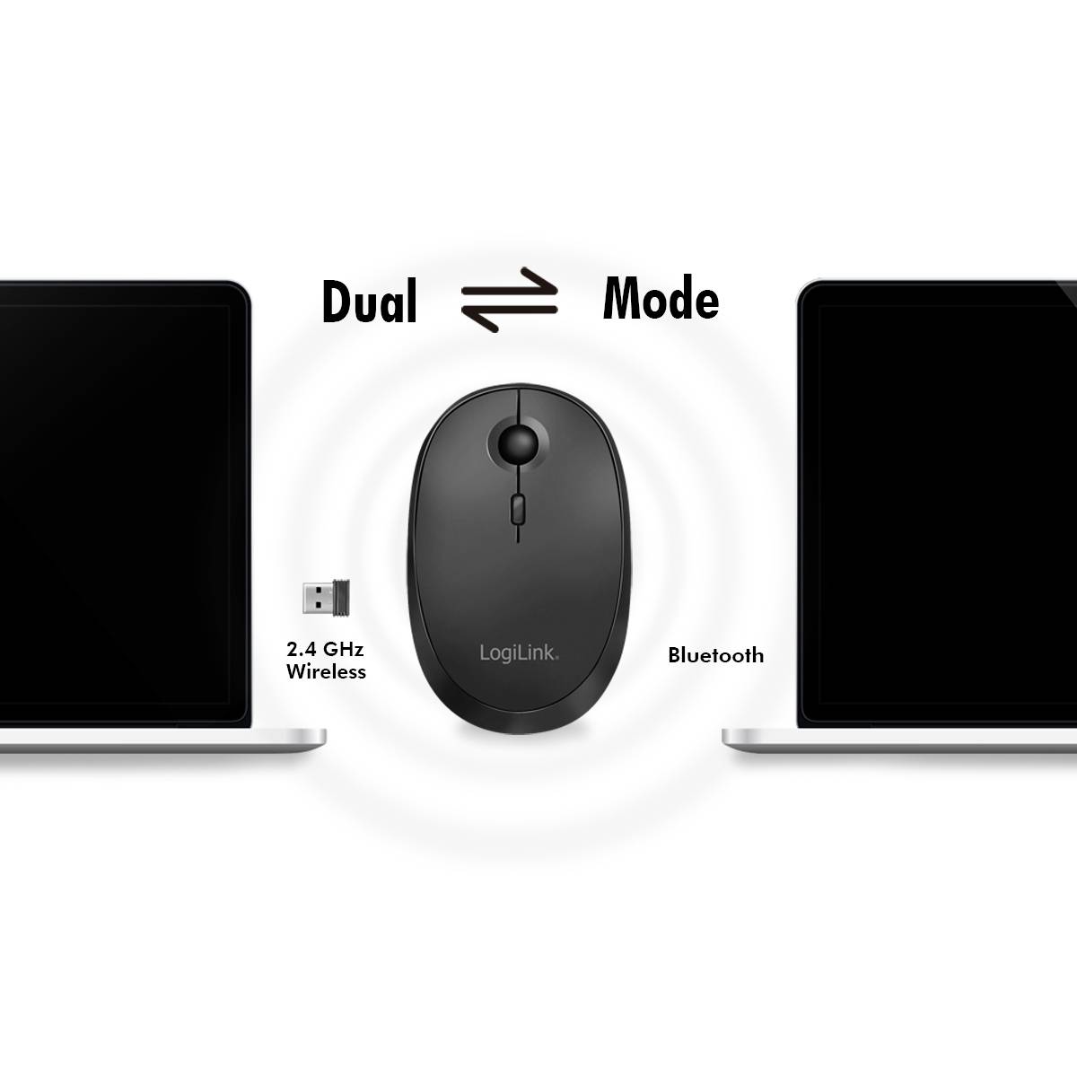 Počítačová myš uprostřed mezi dvěma notebooky; vlevo: bezdrátové připojení 2,4 GHz, vpravo: Bluetooth. Text: Dual Mode.