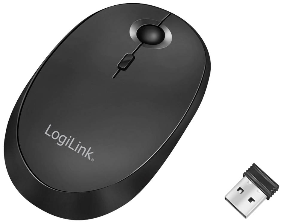 Černá bezdrátová počítačová myš s USB přijímačem vedle ní.
