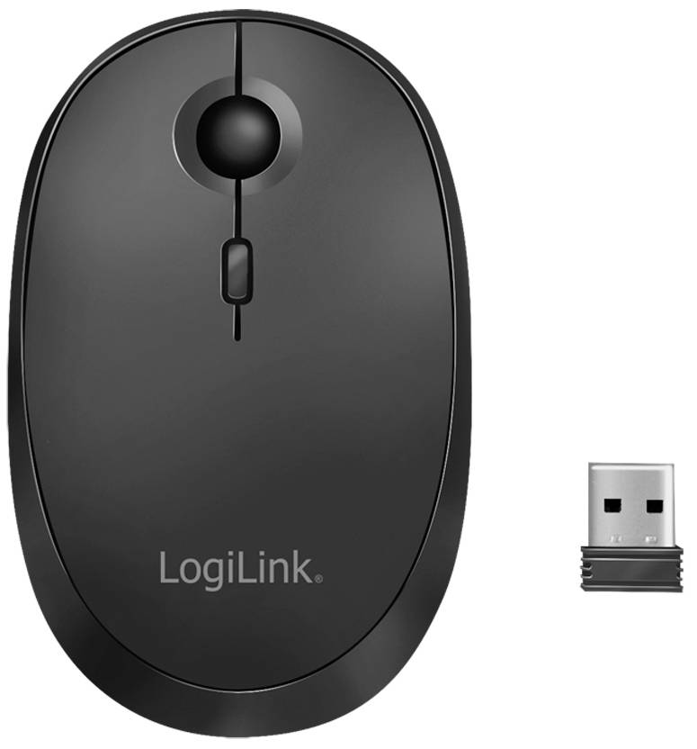 Černá bezdrátová počítačová myš s kolečkem a vedle ní USB přijímač. Oba jsou od značky LogiLink.