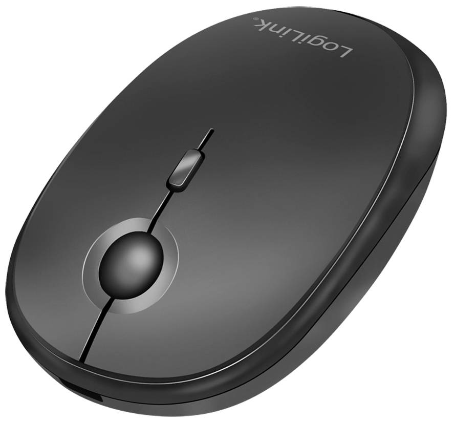 Černá bezdrátová počítačová myš se středním kolečkem a štíhlým designem, ergonomicky tvarovaná pro pohodlné používání.