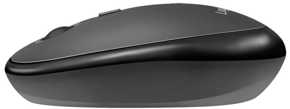 Černá bezdrátová počítačová myš s ergonomickým designem a dvěma postranními tlačítky. Ideální pro pohodlnou práci na počítači.