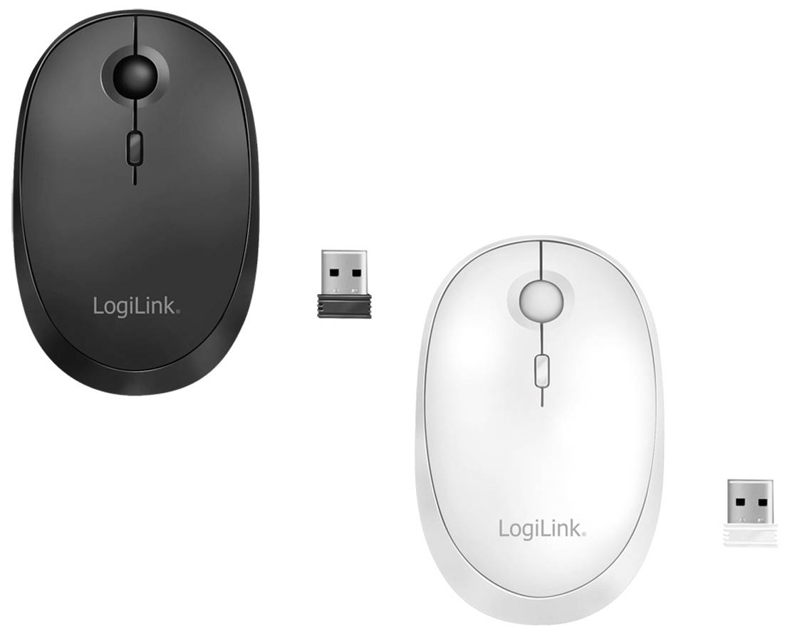 Dvě bezdrátové myši LogiLink v černé a bílé barvě s USB přijímači.
