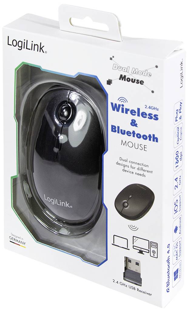 Bezdrátová a Bluetooth myš značky LogiLink v originálním balení. Podporuje duální připojení a je kompatibilní s různými zařízeními.