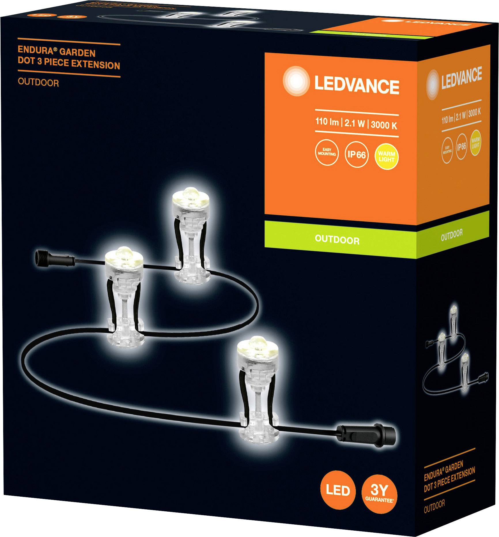 'Endura® Garden Dot 3 Piece Extension' osvětlení. Obsahuje tři venkovní černé připojovací svítidla, odolná povětrnostním vlivům, teplé bílé světlo 3000K. Ideální pro použití v zahradě.