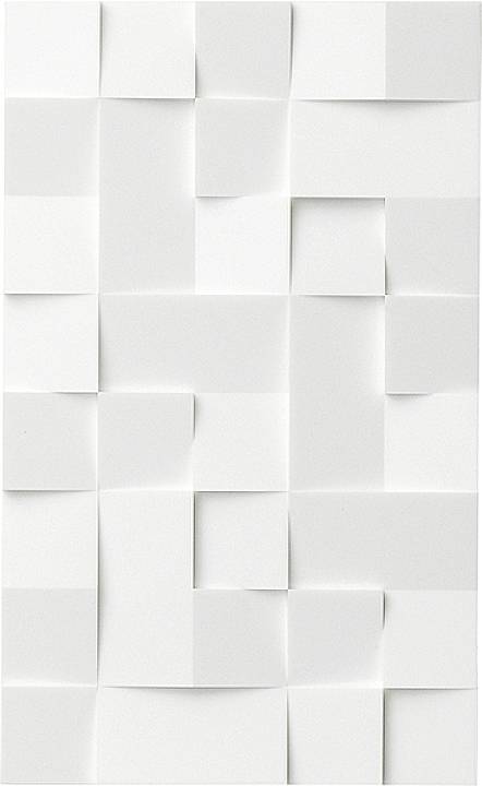 Bílá trojrozměrná geometrická struktura s různě velkými, mírně vystouplými čtverci na bílém pozadí.