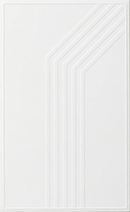 Bílý obdélníkový panel s šesti tenkými, rovnoběžnými čarami táhnoucími se diagonálně zdola zprava nahoru. Minimalistický design.