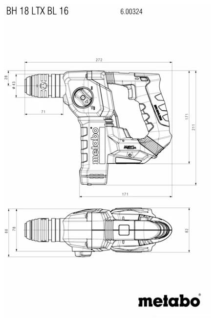 Ilustrace vrtací kladiva Metabo BH 18 LTX BL 16 s rozměry vyznačenými v milimetrech.