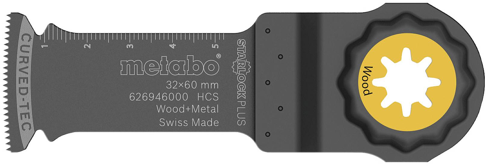 Pilový list na dřevo a kov, 32x60 mm, zahnutý, značka Metabo, Swiss Made. Pro STARLOCK PLUS systémy, černý se žlutým kroužkem.