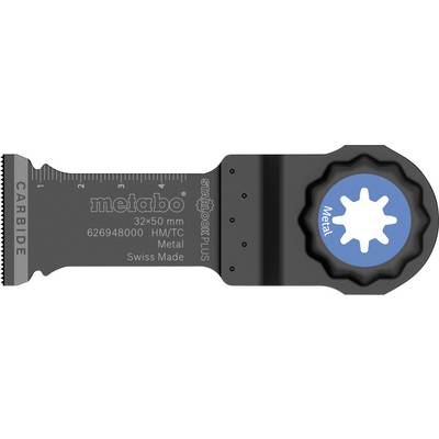 Pilový list z karbidu s černou rukojetí a modrou uzávěrkou "metal", označený Metabo 32x50 mm a 626948000, určený pro řezání kovu.