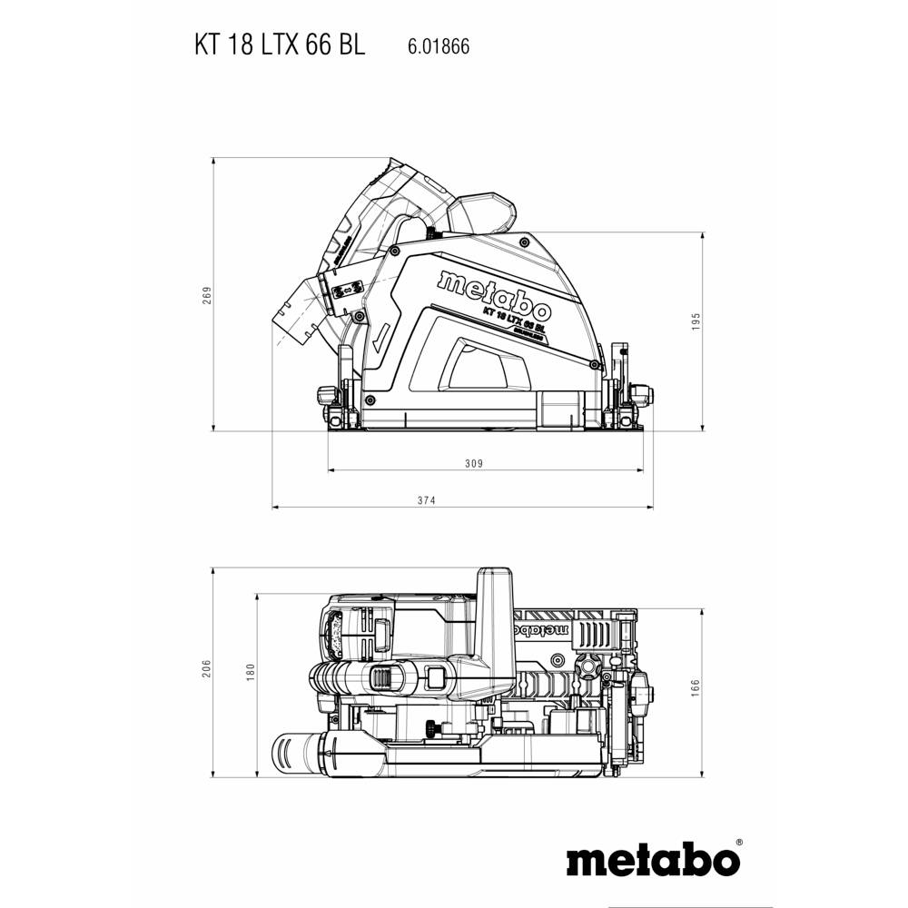 Technický výkres nástroje Metabo modelu KT 18 LTX 66 BL, s vyznačenými rozměry. Rozvržení zobrazuje pohled shora a z boku.