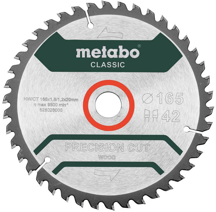 Kulatý pilový kotouč Metabo Classic pro přesné řezání dřeva s průměrem 165 mm a 42 zuby, zobrazený z přední strany se středovým otvorem pro připevnění.