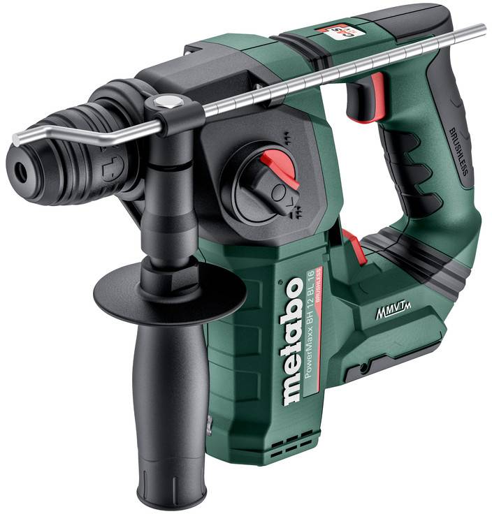 Zelený bezšnůrový rotační vrtací kladivo Metabo s bočním držadlem a hloubkoměrem, zobrazeno na bílém pozadí.