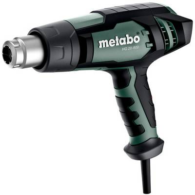 Teplovzdušná pistole Metabo HG 20-600 zobrazená v bočním pohledu na bílém pozadí s černým a zeleným krytem a připojeným nástavcem.