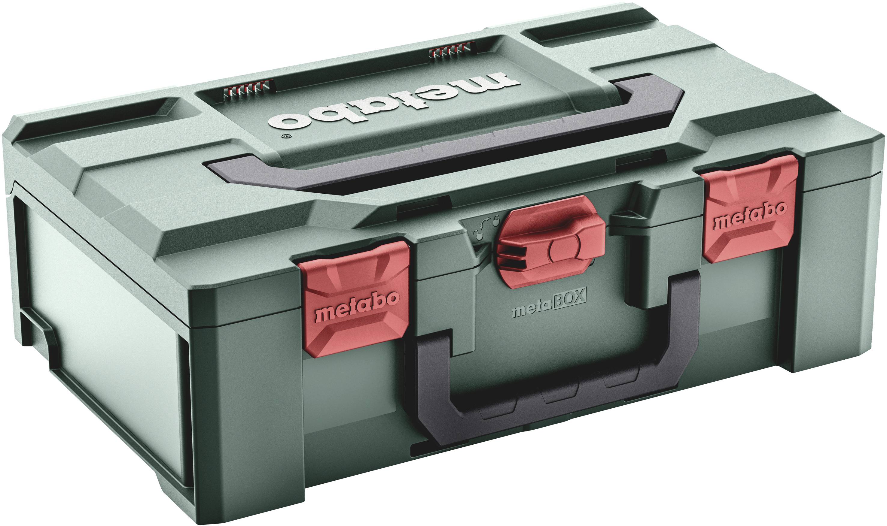 Zelená schránka na nářadí s červenými zámky a nápisem "metabo" na víku.