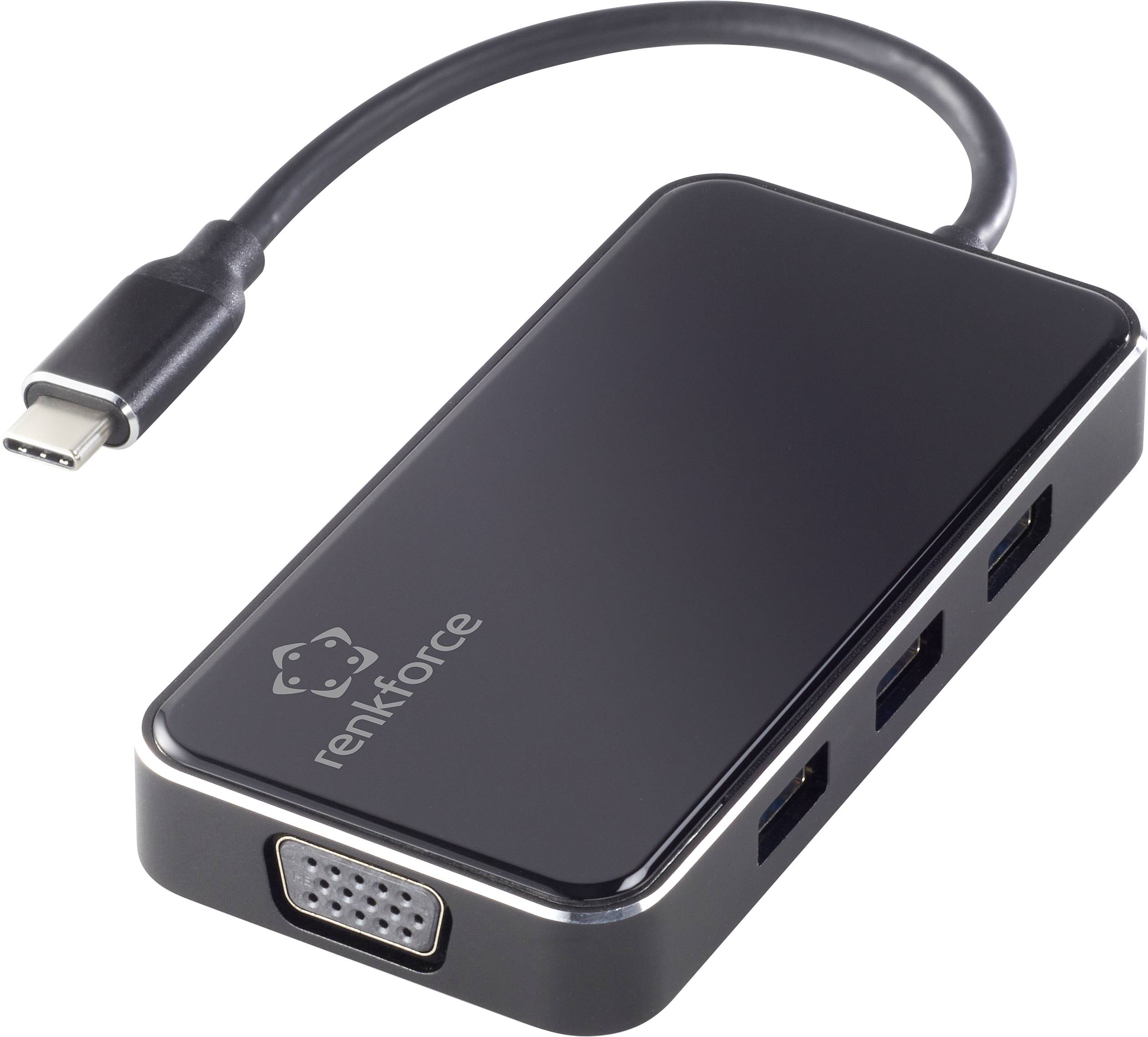"Černý USB-C adaptér s VGA a třemi USB porty, označený "renkforce"."
