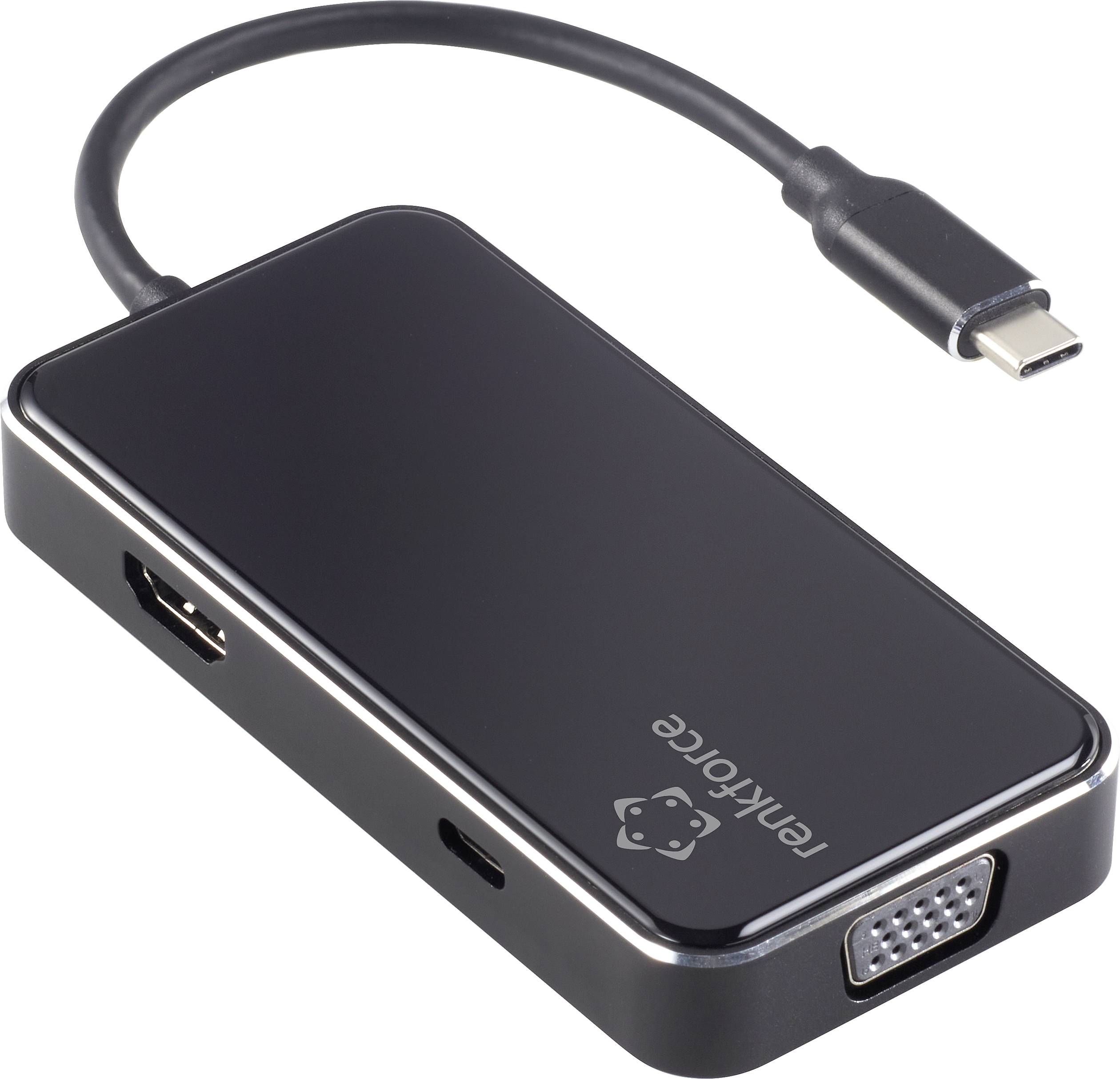 Černý USB-C adaptér s několika výstupy, včetně HDMI, VGA a USB-A, vhodný pro propojení různých zařízení.