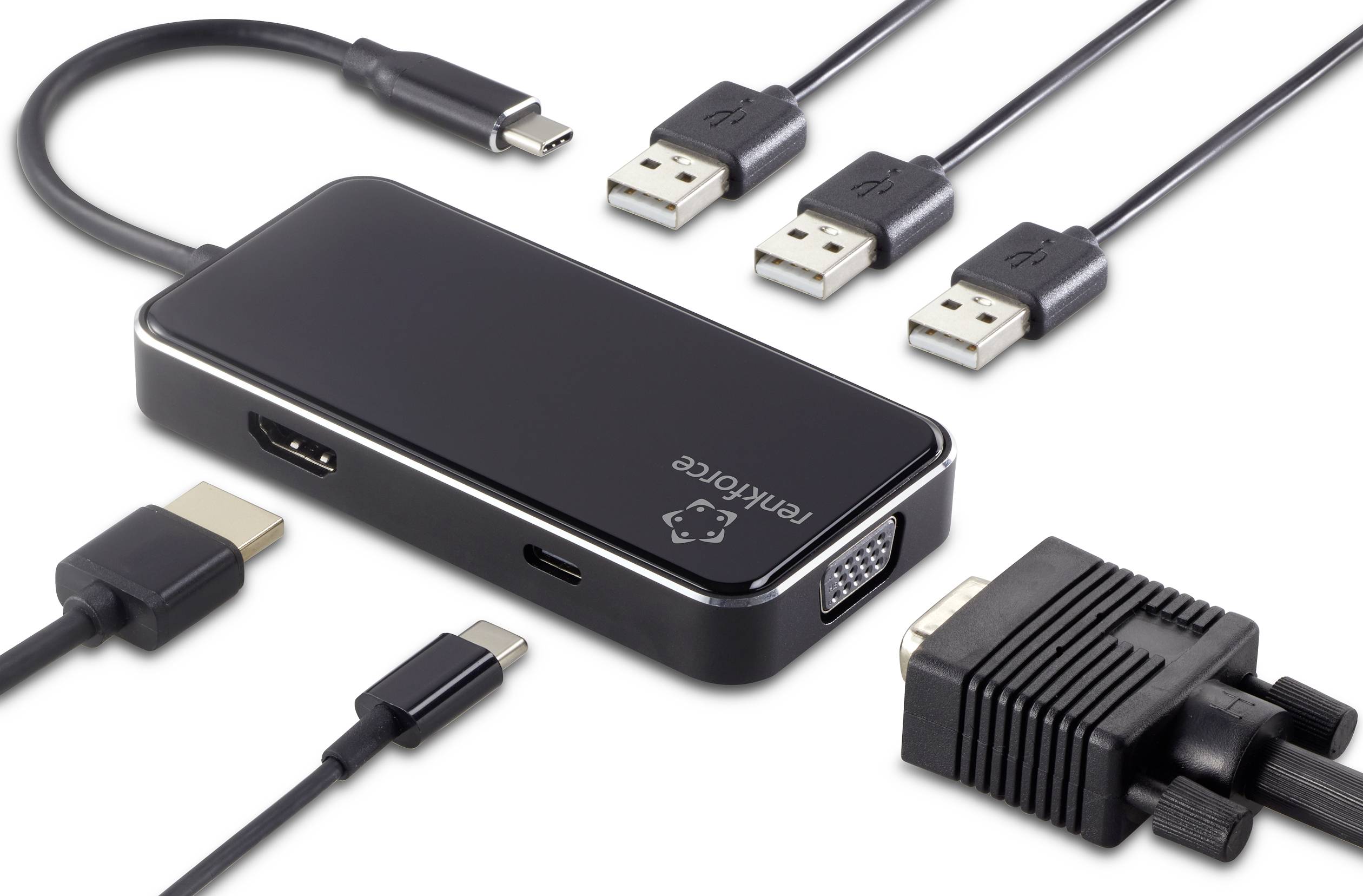 USB-C rozbočovač s HDMI, VGA a USB porty a kabely, které nabízejí různé možnosti připojení zařízení.