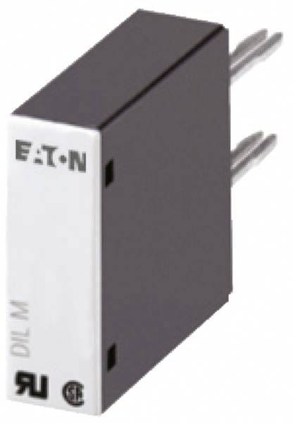 Kompaktní černobílý elektronický spínač Eaton, model DIL M, s přípojkami na zadní straně. Vhodný pro elektrické aplikace.