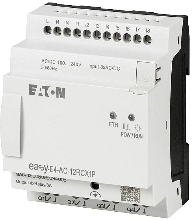 Elektrické řídicí zařízení s potiskem 'Eaton' a modelovým číslem 'easyE4-AC-12RCX1P' zobrazuje vstupní a výstupní svorky.