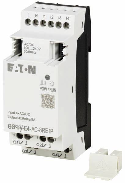 Bílé řídicí relé od společnosti EATON s několika připojovacími body, vhodné pro AC/DC, vstup 4x AC/DC, výstup 4x relé/5A.