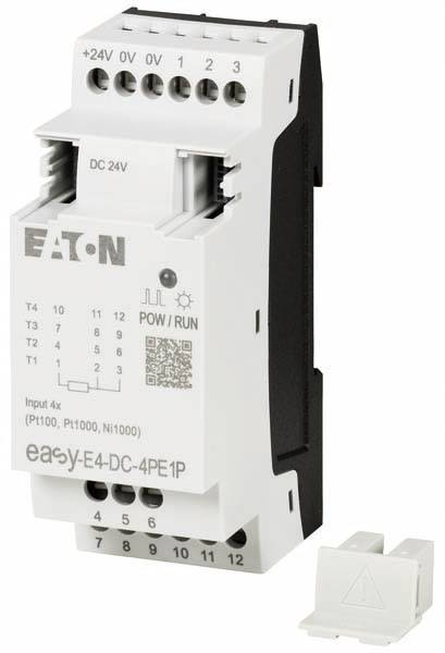 Průmyslové automatizační zařízení společnosti Eaton, model easy-E4-DC-4PE1P, zobrazuje připojení a specifikace pro vstupy a napájení.