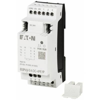 Průmyslové automatizační zařízení společnosti Eaton, model easy-E4-DC-4PE1P, zobrazuje připojení a specifikace pro vstupy a napájení.