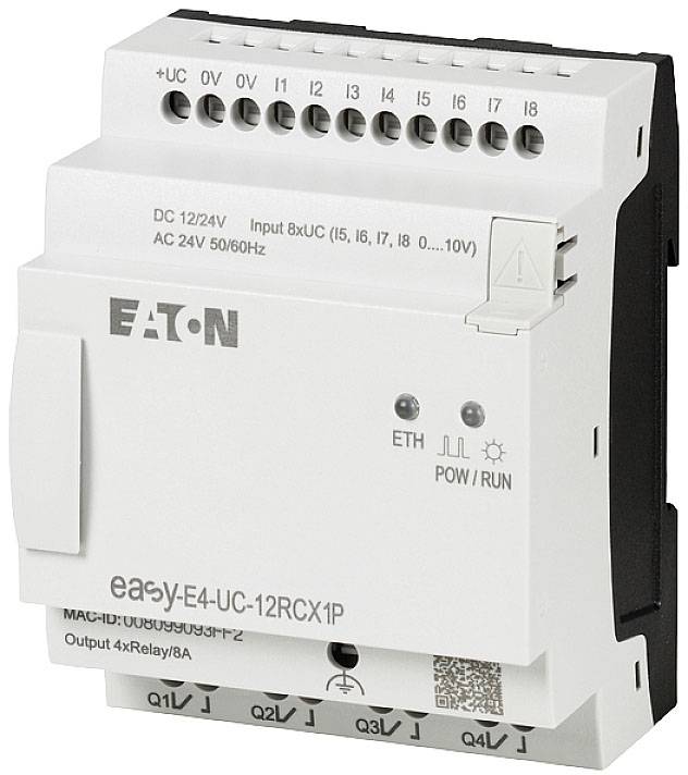 Šedé řídicí zařízení s několika konektory a LED indikátory pro 'ETH' a 'POW/RUN', model 'easy-E4-UC-12RCX1P'.