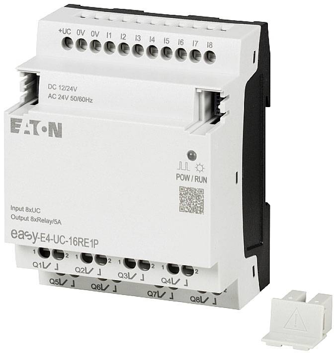 Automatizační zařízení značky Eaton, model easyE4, s několika vstupy/výstupy pro řízení elektrických obvodů.