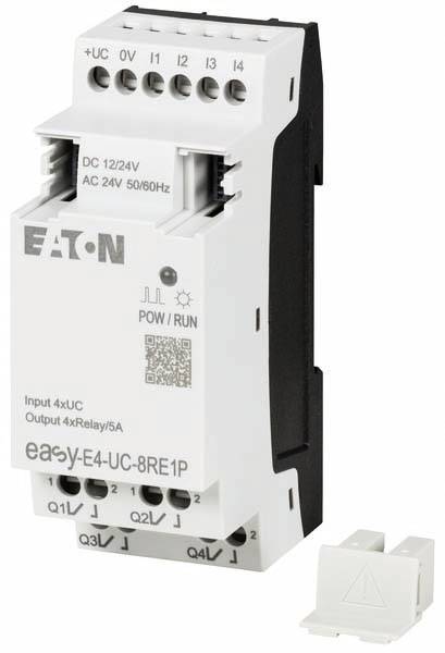 Bílý elektrický řídicí modul značky 'EATON' s horními svorkami, LED indikátory a textem 'Vstup 4xUC, Výstup 4xRelé/5A'.