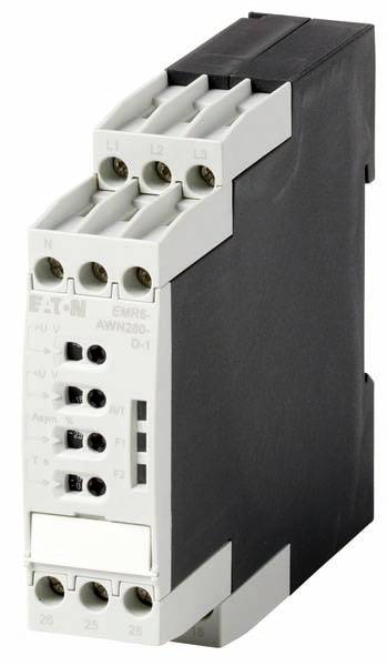 Černobílé elektrické relé s několika připojovacími svorkami. Zařízení je označeno nápisem 'EATON EMR6'.